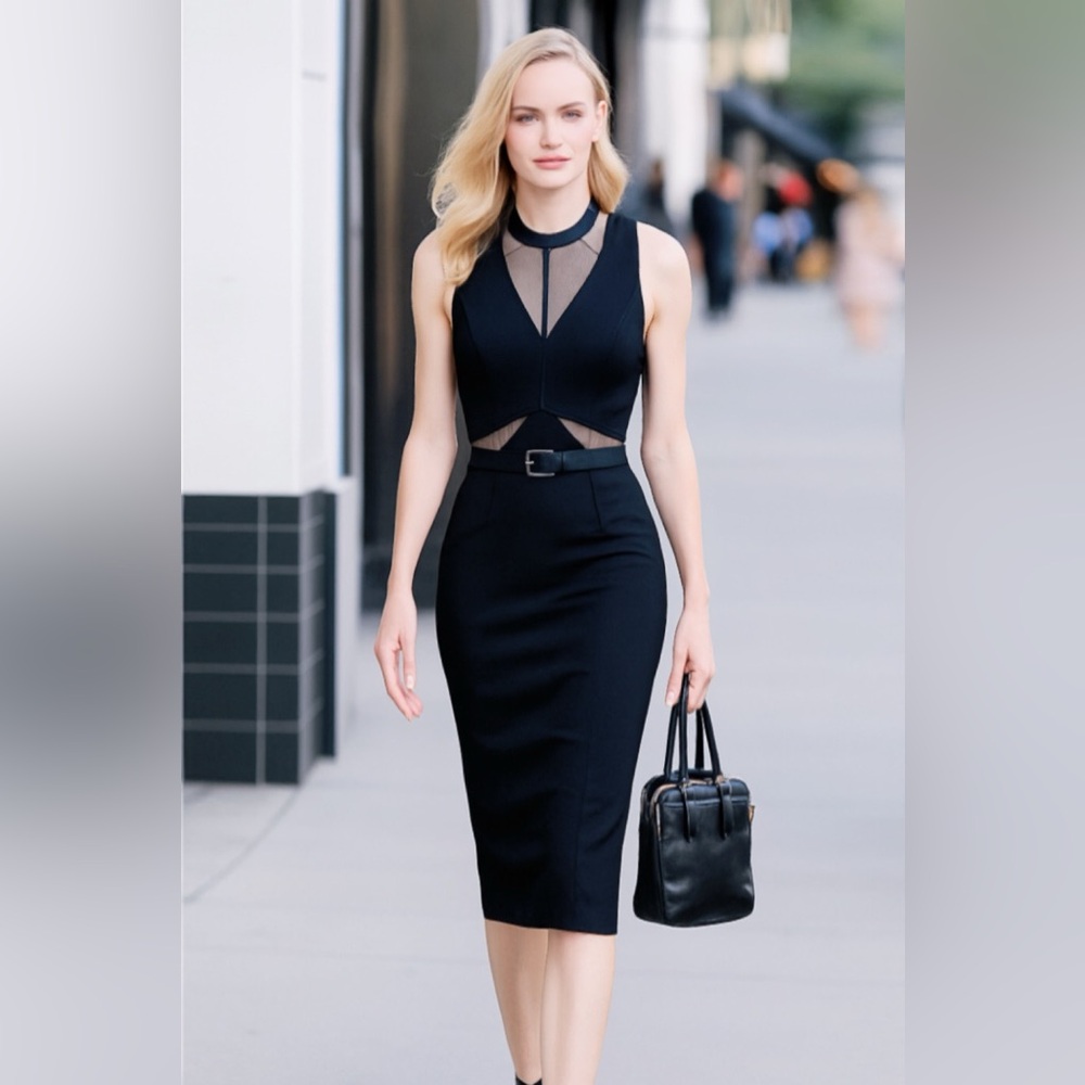 Black Dress Sleeveless Bodycon Midi Dress with Mesh from RW&CO